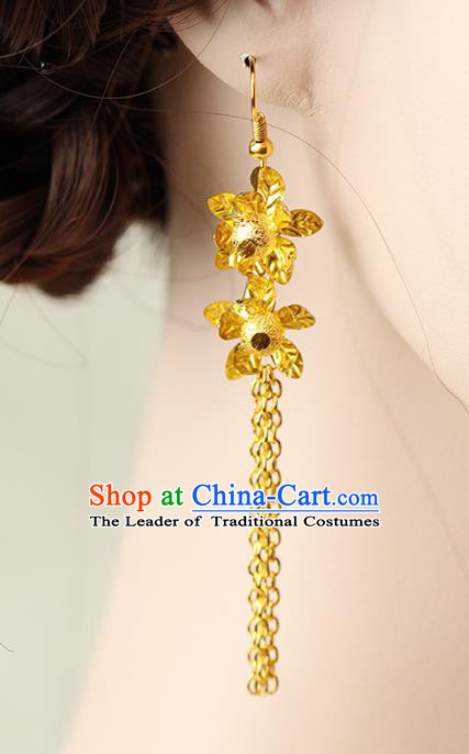 Chinese Ancient Style Hair Jewelry Accessories Wedding Imperial Consort Golden Flower Earrings, Hanfu Xiuhe Suits Bride Handmade Brass Tassel Eardrop for Women