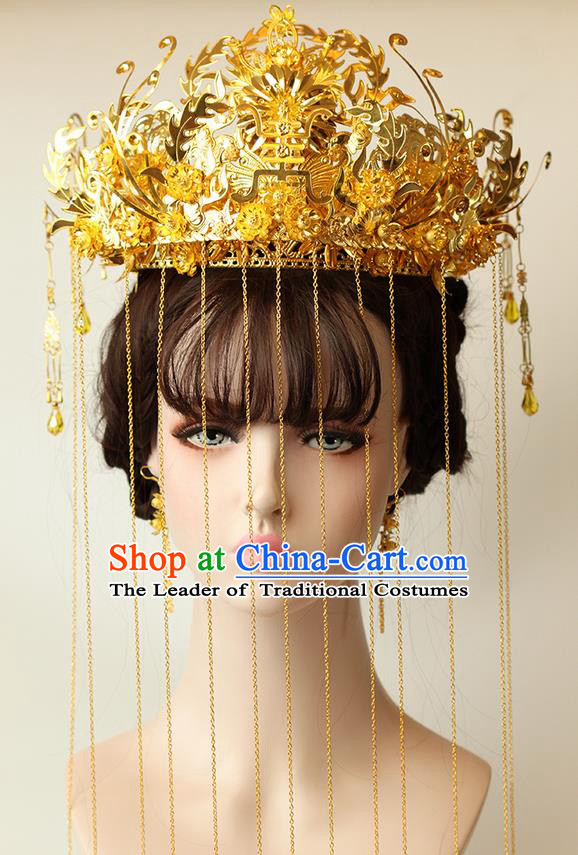 Chinese Ancient Style Hair Jewelry Accessories Wedding Golden Luxury Phoenix Coronet Complete Set, Hanfu Xiuhe Tassel Suits Step Shake Bride Handmade Hairpins for Women