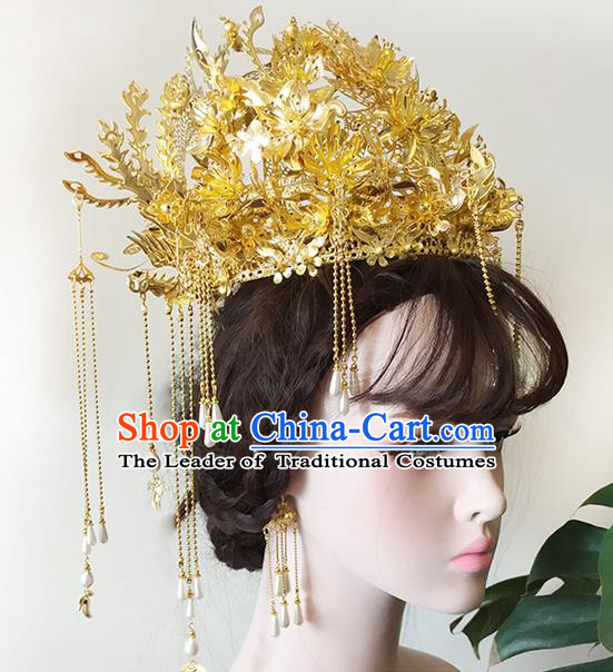 Chinese Ancient Style Hair Jewelry Accessories Wedding White Pearls Tassel Hairpins, Hanfu Xiuhe Suits Step Shake Bride Handmade Phoenix Coronet Hair Fascinators for Women