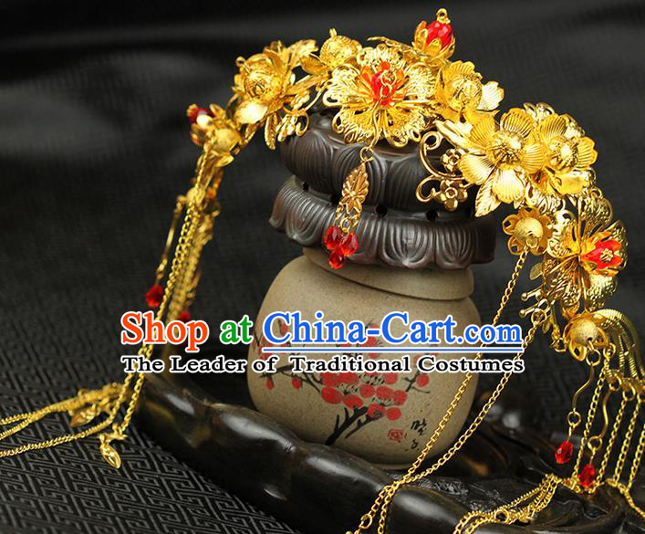 Chinese Ancient Style Hair Jewelry Accessories Wedding Imperial Consort Tassel Hairpins, Hanfu Xiuhe Suits Bride Handmade Phoenix Coronet Hair Fascinators for Women