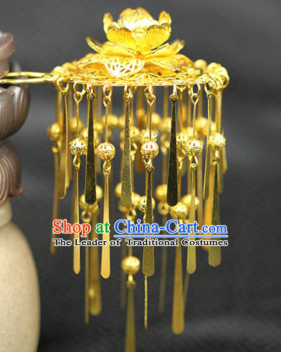 Asian Chinese Ancient Style Hair Jewelry Accessories Wedding Tassel Hairpins, Lotus Step Shake Hanfu Xiuhe Suits Bride Handmade Hair Sticks for Women