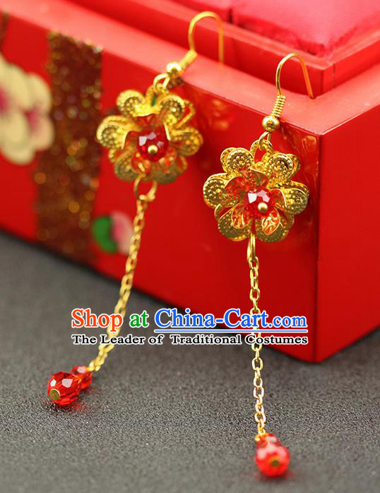 Chinese Ancient Style Hair Jewelry Accessories Wedding Golden Tassel Lotus Earrings, Hanfu Xiuhe Suits Bride Handmade Red Bead Eardrop for Women