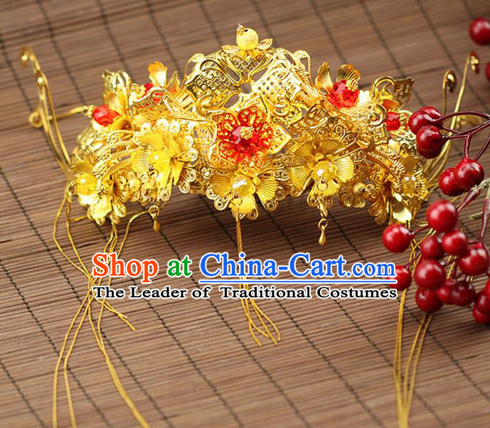Asian Chinese Ancient Style Hair Jewelry Accessories Wedding Tassel Hairpin, Step Shake Hanfu Xiuhe Suits Bride Handmade Phoenix Crown for Women