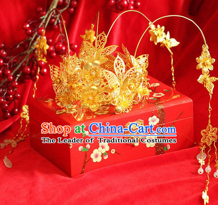Asian Chinese Ancient Style Hair Jewelry Accessories Wedding Tassel Golden Step Shake , Hanfu Xiuhe Suits Bride Handmade Phoenix Coronet for Women