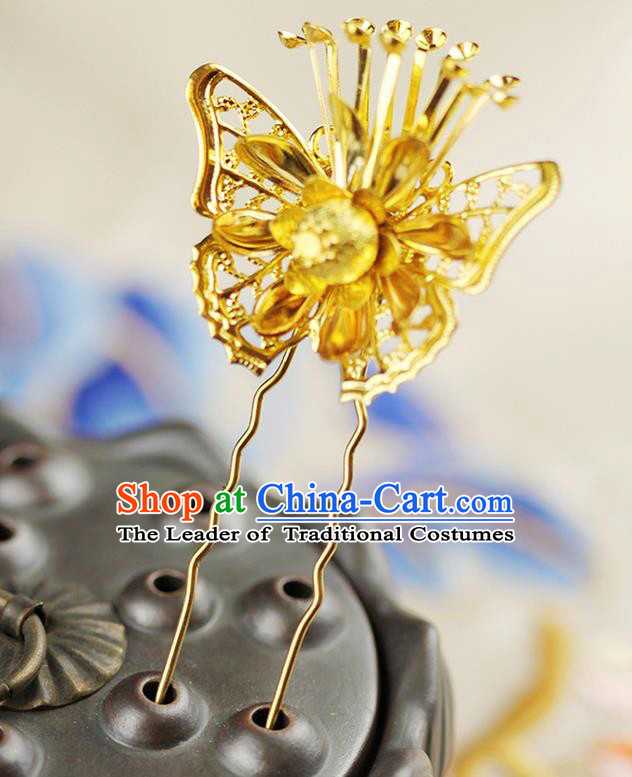 Asian Chinese Ancient Style Hair Jewelry Accessories Wedding Golden Butterfly Little Hairpin, Hanfu Xiuhe Suits Bride Handmade Hair Stick for Women