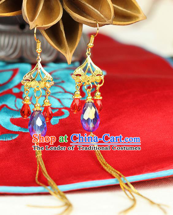 Chinese Ancient Style Hair Jewelry Accessories Wedding Blue Bead Earrings, Hanfu Xiuhe Suits Bride Handmade Eardrop for Women