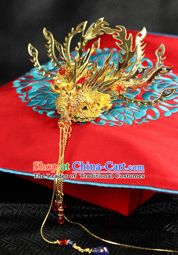 Asian Chinese Ancient Style Hair Jewelry Accessories, Wedding Hanfu Xiuhe Suits Step Shake Bride Handmade Tassel Phoenix Coronet for Women