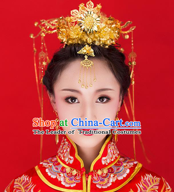 Chinese Ancient Style Hair Jewelry Accessories Wedding Tassel Hairpins, Hanfu Xiuhe Suits Step Shake Bride Tuinga Handmade Phoenix Coronet for Women