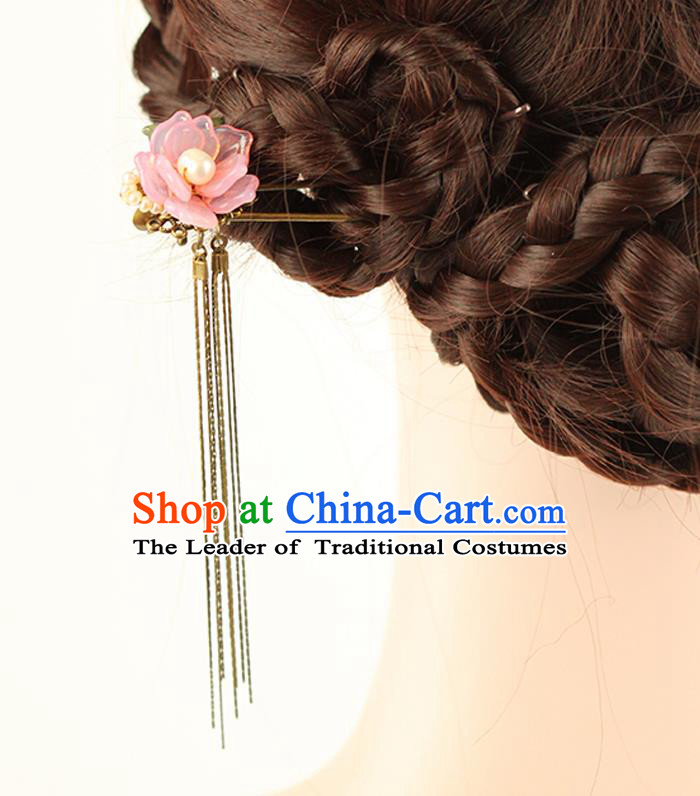 Chinese Ancient Style Hair Jewelry Accessories Wedding Pink Flower Hair Stick, Hanfu Xiuhe Suits Step Shake Bride Handmade Hairpins for Women