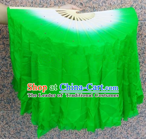 Pure Silk Traditional Chinese Fans Oriental Green Ribbon Folding Fan Folk Dance Cultural Yangko Dance Hand Fan