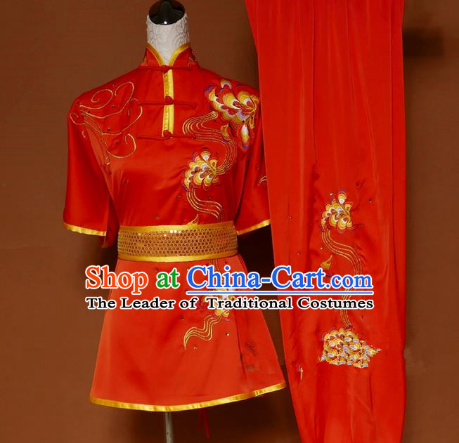 Top Grade Kung Fu Costume Asian Chinese Martial Arts Tai Chi Training Red Uniform, China Embroidery Gongfu Shaolin Wushu Clothing for Men