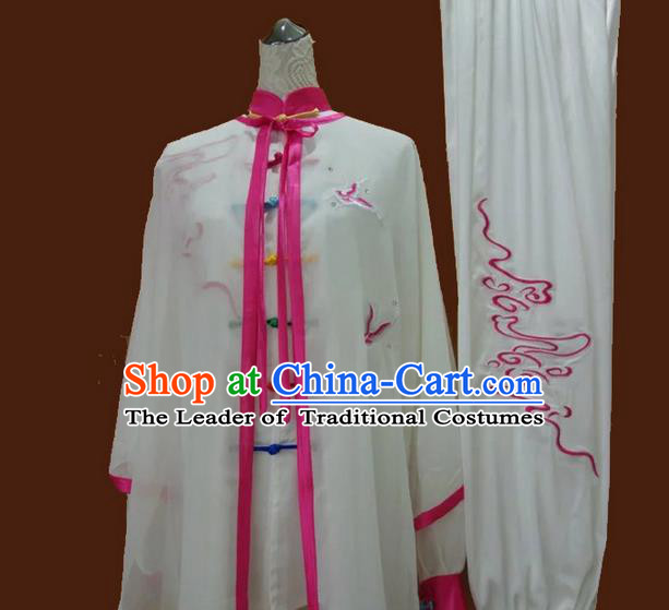 Asian Chinese Top Grade Silk Kung Fu Costume Martial Arts Tai Chi Training Suit, China Gongfu Shaolin Wushu Embroidery Wintersweet Pink Uniform for Women