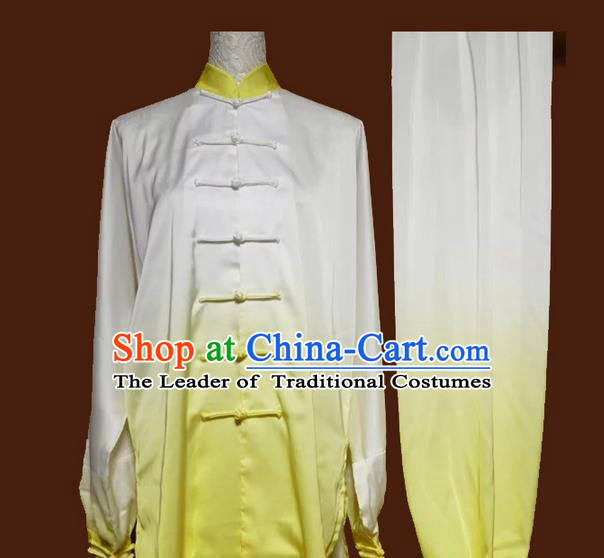 Asian Chinese Top Grade Silk Kung Fu Costume Martial Arts Tai Chi Training Suit, China Gongfu Shaolin Wushu Gradient Yellow Uniform for Women