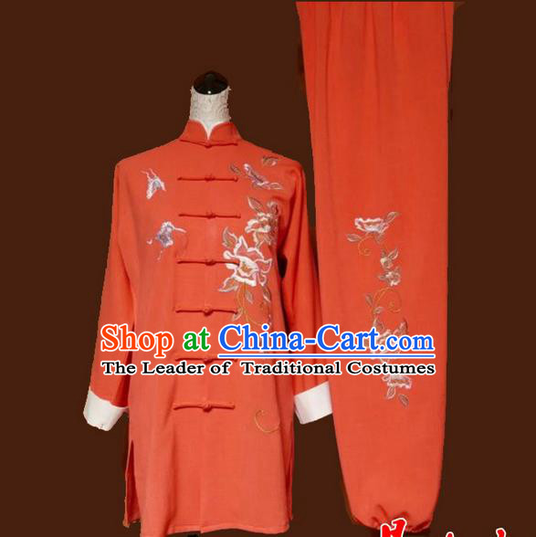 Asian Chinese Top Grade Linen Kung Fu Costume Martial Arts Tai Chi Training Suit, China Gongfu Shaolin Wushu Embroidery Butterfly Peony Orange Uniform for Women