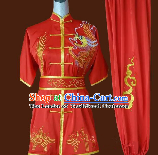 Top Grade Kung Fu Silk Costume Asian Chinese Martial Arts Tai Chi Training Red Uniform, China Embroidery Gongfu Shaolin Wushu Clothing for Men