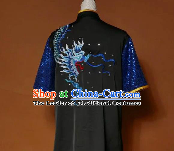 Top Grade Kung Fu Silk Costume Asian Chinese Martial Arts Tai Chi Training Black Uniform, China Embroidery Dragon Paillette Gongfu Shaolin Wushu Clothing for Men