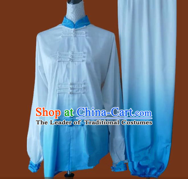 Top Grade Kung Fu Silk Costume Asian Chinese Martial Arts Tai Chi Training Blue Uniform, China Plated Buttons Gongfu Shaolin Wushu Clothing for Men for Women