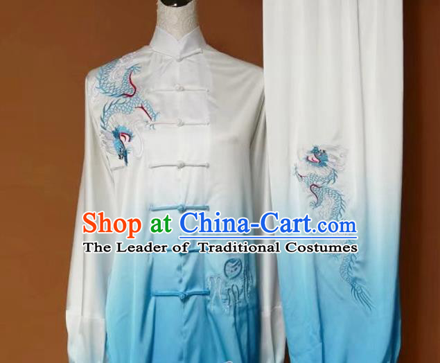 Top Grade Kung Fu Silk Costume Asian Chinese Martial Arts Tai Chi Training Gradient Blue Uniform, China Embroidery Dragon Gongfu Shaolin Wushu Clothing for Women