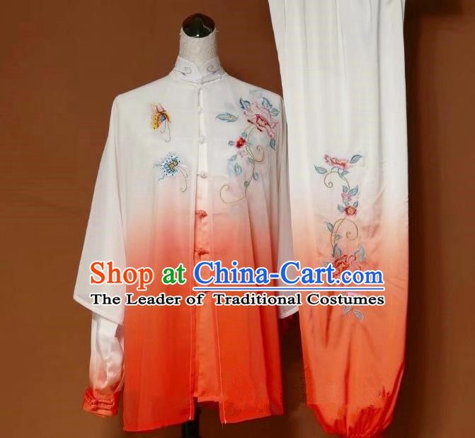 Top Grade Kung Fu Silk Costume Asian Chinese Martial Arts Tai Chi Training Gradient Orange Uniform, China Embroidery Peony Gongfu Shaolin Wushu Clothing for Women