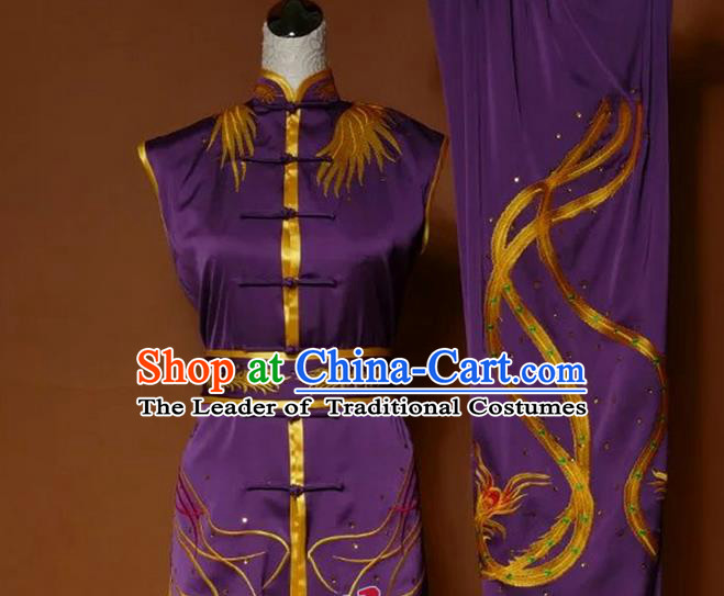 Top Grade Kung Fu Silk Costume Asian Chinese Martial Arts Tai Chi Training Gradient Purple Uniform, China Embroidery Phoenix Gongfu Shaolin Wushu Clothing for Women