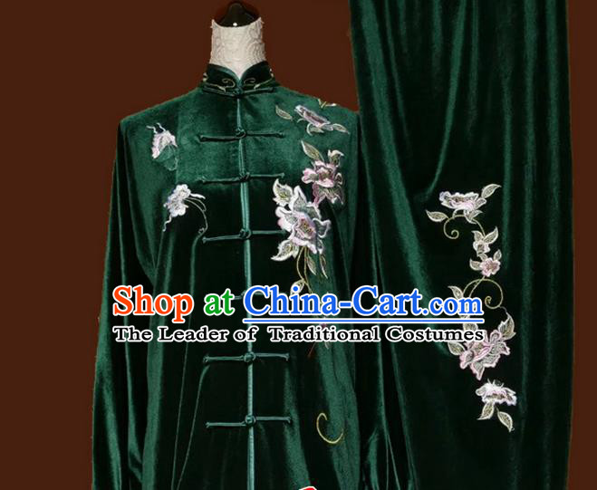 Top Grade Kung Fu Velvet Costume Asian Chinese Martial Arts Tai Chi Training Green Uniform, China Embroidery Peony Gongfu Shaolin Wushu Clothing for Women