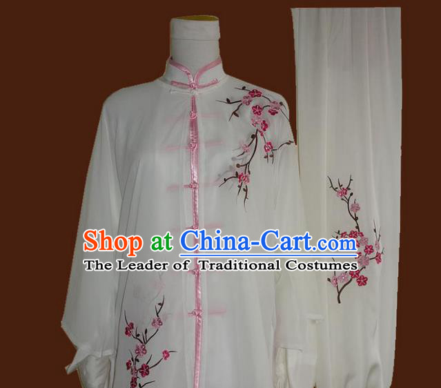 Asian Chinese Top Grade Silk Kung Fu Costume Martial Arts Tai Chi Training Plated Buttons Uniform, China Embroidery Plum Blossom Gongfu Shaolin Wushu Clothing for Women