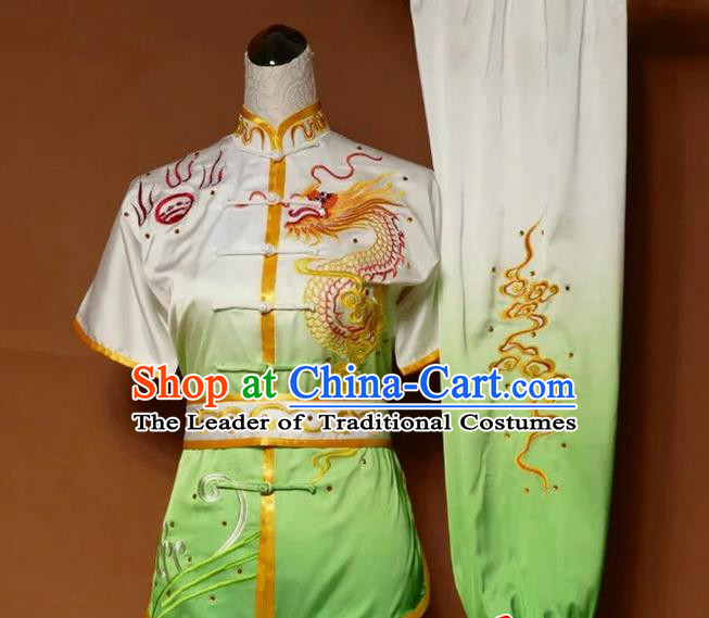 Asian Chinese Top Grade Silk Kung Fu Costume Martial Arts Tai Chi Training Suit, China Gongfu Shaolin Wushu Embroidery Dragon Gradient Green Uniform for Men