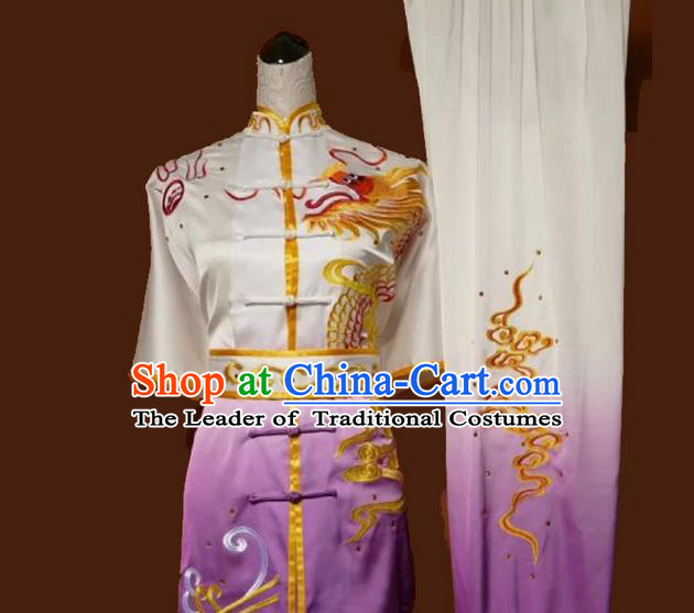 Asian Chinese Top Grade Silk Kung Fu Costume Martial Arts Tai Chi Training Suit, China Gongfu Shaolin Wushu Embroidery Dragon Gradient Purple Uniform for Men