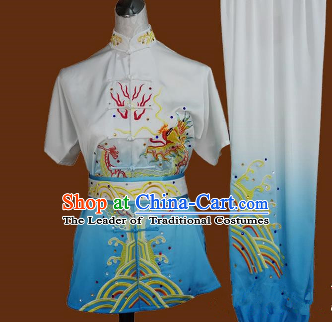 Asian Chinese Top Grade Silk Kung Fu Costume Martial Arts Tai Chi Training Suit, China Gongfu Shaolin Wushu Embroidery Dragon Blue Uniform for Men