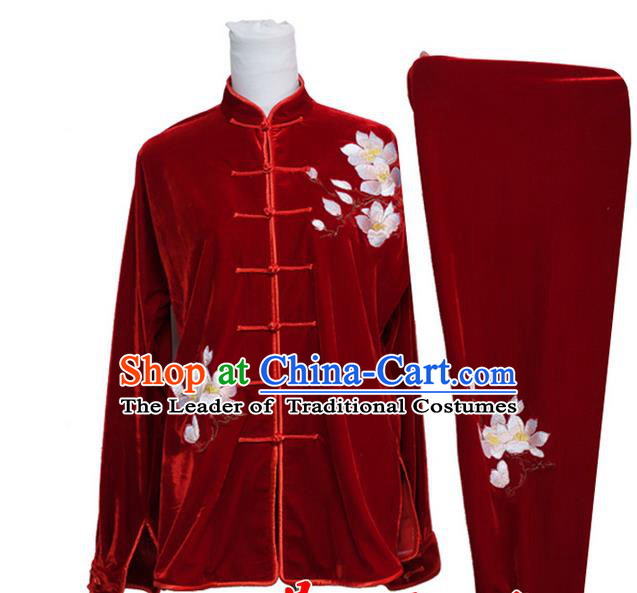Asian Chinese Top Grade Velvet Kung Fu Costume Martial Arts Tai Chi Training Suit, China Gongfu Shaolin Wushu Embroidery Magnolia Flower Red Uniform for Women
