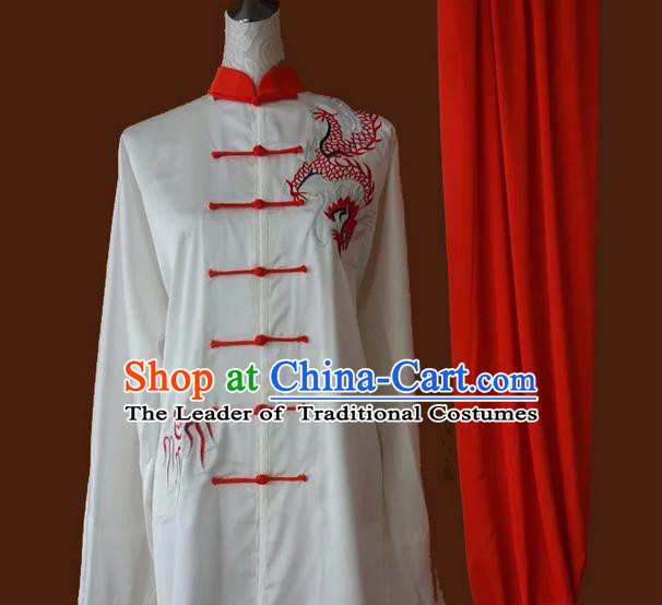 Asian Chinese Top Grade Silk Kung Fu Costume Martial Arts Tai Chi Training Suit, China Gongfu Shaolin Wushu Embroidery Red Dragon Uniform for Men