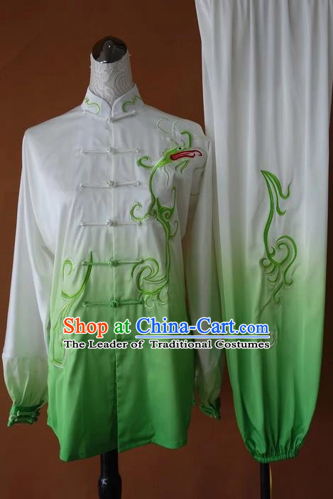 Asian Chinese Top Grade Silk Kung Fu Costume Martial Arts Tai Chi Training Suit, China Gongfu Shaolin Wushu Embroidery Green Uniform for Men