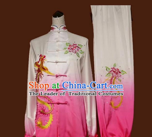 Asian Chinese Top Grade Linen Kung Fu Costume Martial Arts Tai Chi Training Suit, China Gongfu Shaolin Wushu Embroidery Phoenix Peony Gradient Pink Uniform for Women
