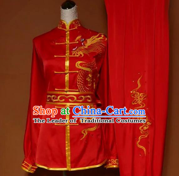 Asian Chinese Top Grade Linen Kung Fu Costume Martial Arts Tai Chi Training Suit, China Gongfu Shaolin Wushu Embroidery Dragon Red Uniform for Men