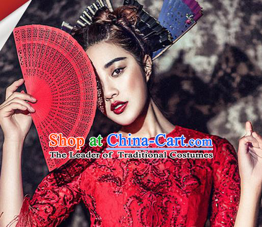 Traditional Chinese Crafts Folding Fan China Sensu Incense Wood Red Fan