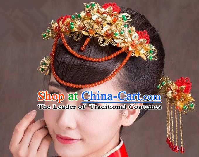 Traditional Handmade Chinese Ancient Classical Hair Accessories Complete Set, Step Shake Hair Sticks Phoenix Coronet, Bride Hair Fascinators Hairpins for Women