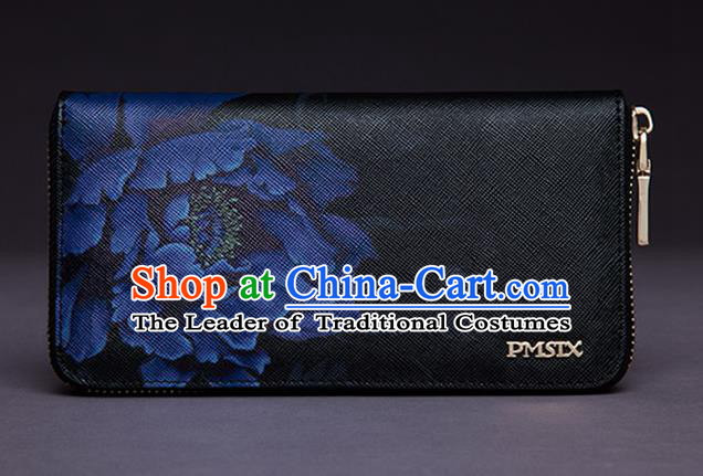 Traditional Handmade Asian Chinese Element Printing Peony Wallet National Handbag Black Purse for Women