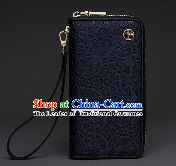 Traditional Handmade Asian Chinese Element Knurling Wallet National Handbag Black Purse for Women