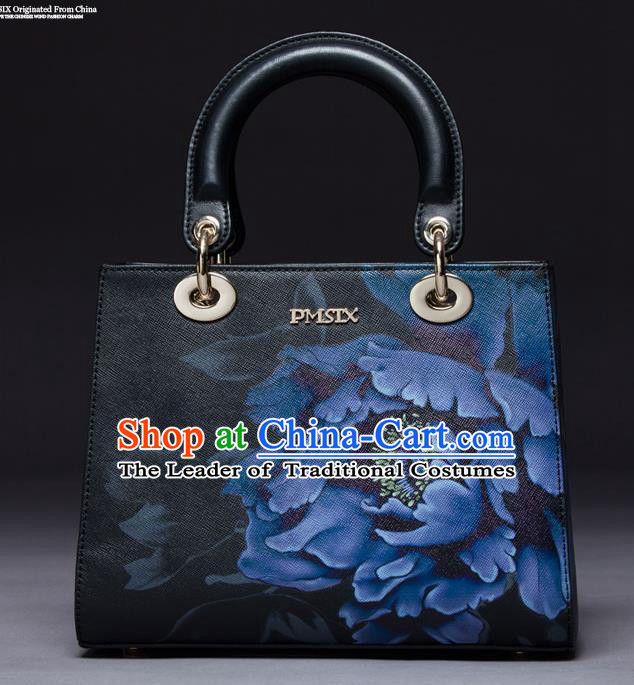 Traditional Handmade Asian Chinese Element Painting Peony Square Clutch Bags National Black Handbag for Women