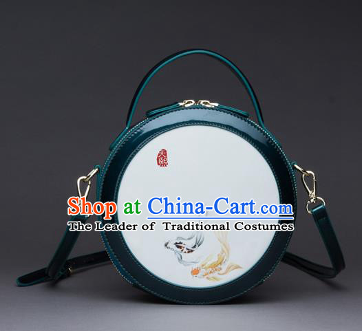 Traditional Handmade Asian Chinese Element Printing Messenger Bags Shoulder Bag National Green Round Handbag for Women