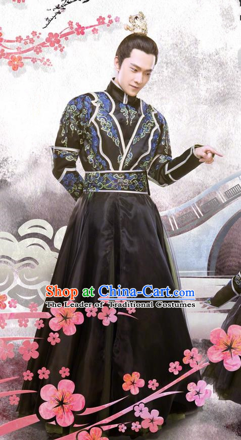 Asian Chinese Traditional Ancient Crown Prince Costume and Headpiece Complete Set, Once Upon a Time China Deities Swordsman Embroidery Robe Clothing