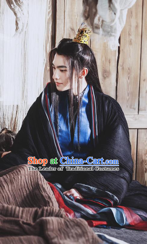 Asian Chinese Traditional Ancient Handsome Childe Costume and Headpiece Complete Set, Once Upon a Time China Swordsman Hanfu Prince Robe Clothing