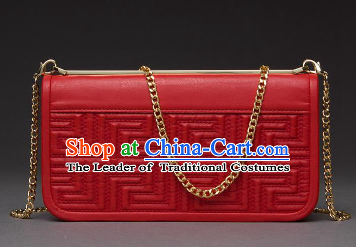 Traditional Handmade Asian Chinese Element Knurling Haversack Wallet National Handbag Red Chain Purse for Women