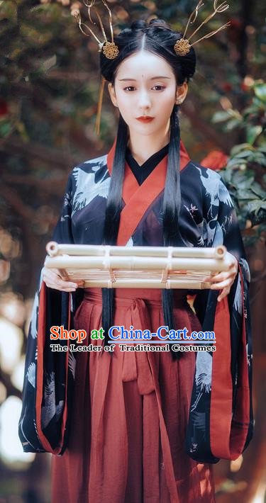 Traditional Ancient Chinese Costume Slant Opening Ru Skirt, Elegant Hanfu Clothing Chinese Jin Dynasty Imperial Princess Wide Sleeve Printing Crane Robe Clothing for Women