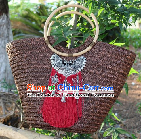 Traditional Handmade Chinese National Straw Plaited Article Bags Miao Nationality Sliver Red Tassel Handbag