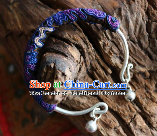 Traditional Handmade Chinese National Miao Nationality Sliver Bracelet Purple Embroidery Bell Bangle for Women