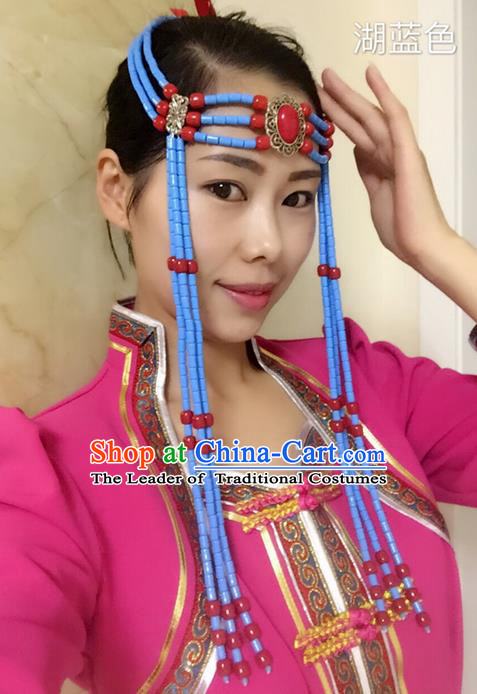 Traditional Handmade Chinese  Mongol Nationality Dance Hair Accessories Headwear, China Mongols Mongolian Minority Nationality Blue Beads Tassel Headpiece for Women