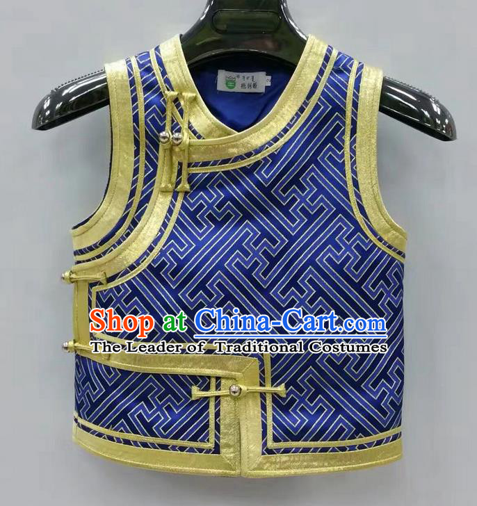 Traditional Chinese Mongol Nationality Prince Dance Costume, Mongols Children Folk Dance Ethnic Vest, Chinese Mongolian Minority Nationality Embroidery Royalblue Waistcoat for Kids