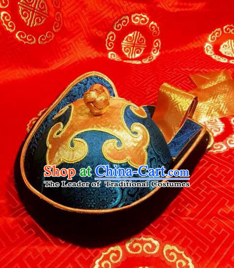 Traditional Handmade Chinese Mongol Nationality Dance Prince Hair Accessories Blue Hat, China Mongols Mongolian Minority Nationality Bridegroom Headpiece for Men