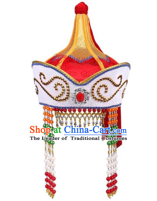 Traditional Handmade Chinese Mongol Nationality Dance Princess Hair Accessories Red Hat, China Mongols Mongolian Minority Nationality Bride Headpiece for Women